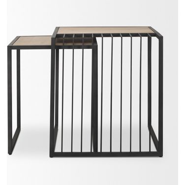 Solid Wood and Metal Square Sled Nested Tables Set of 2 In Black and Natural