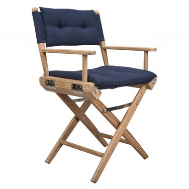 Solid Wood Director Chair with Navy Blue Cushion In Brown and Navy Blue