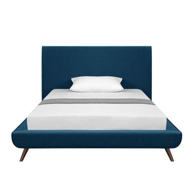 Solid Wood Full Upholstered Linen Bed In Denim Blue