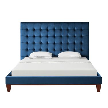 Solid Wood King Tufted Upholstered Velvet Bed In Navy Blue