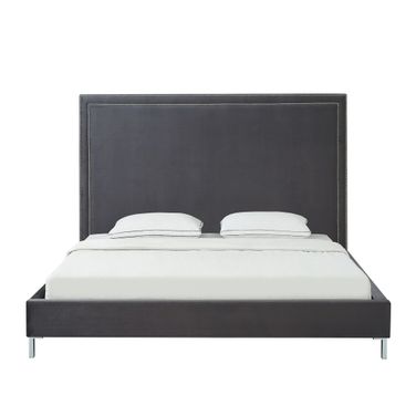 Solid Wood King Upholstered Velvet Bed with Nailhead Trim In Gray