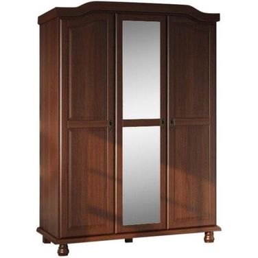 Solid Wood Kyle 3-Door Wardrobe With Mirrored Door In Mocha