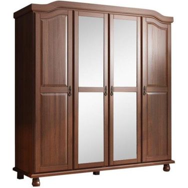 Solid Wood Kyle 4-Door Wardrobe With Mirrored Doors In Mocha