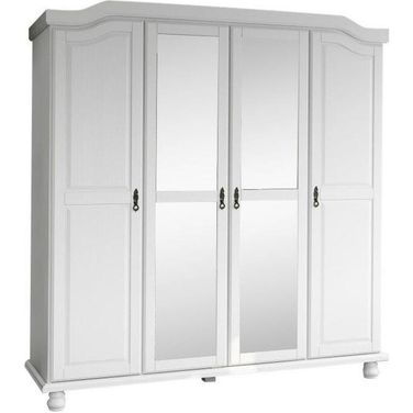 Solid Wood Kyle 4-Door Wardrobe With Mirrored Doors In White
