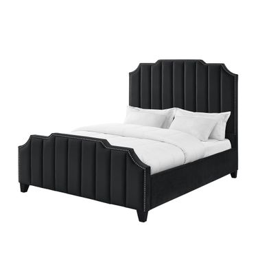 Solid Wood Queen Tufted Upholstered Velvet Bed with Nailhead Trim In Black