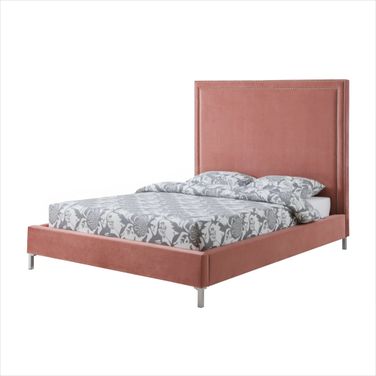 Solid Wood Queen Upholstered Velvet Bed with Nailhead Trim In Blush