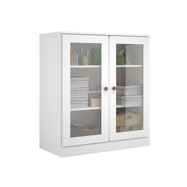 Solid Wood Tv Stand With Clear Glass Doors And Adjustable Shelves In White