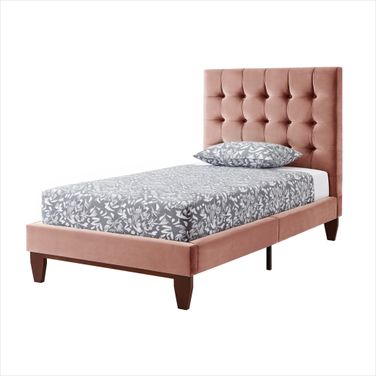 Solid Wood Twin Tufted Upholstered Velvet Bed In Blush