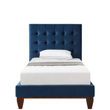 Solid Wood Twin Tufted Upholstered Velvet Bed In Navy Blue
