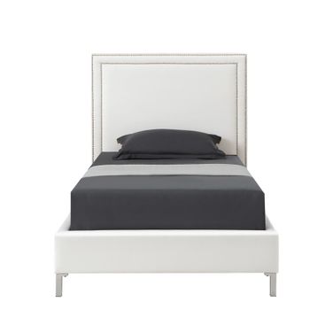 Solid Wood Twin Upholstered Faux Leather Bed Frame with Nailhead Trim In White