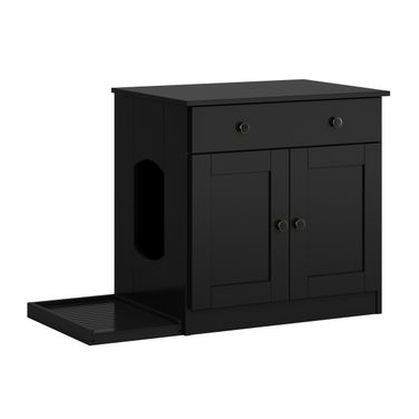 Solid Wood Ziva 2-Door Cat Litter Box Enclosure With Litter Catch In Black