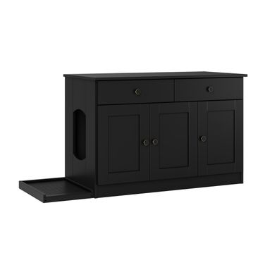 Solid Wood Ziva 3-Door Cat Litter Box Enclosure With Litter Catch In Black