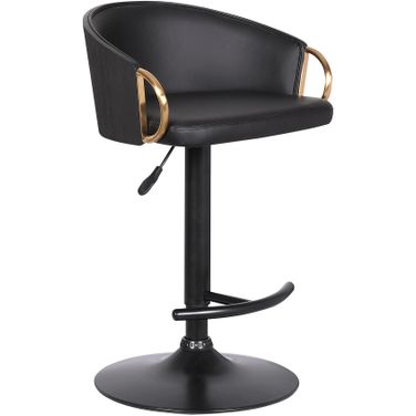 Solstice Adjustable Black Faux Leather Swivel Barstool with Black Powder Coated Finish and Gold Accents