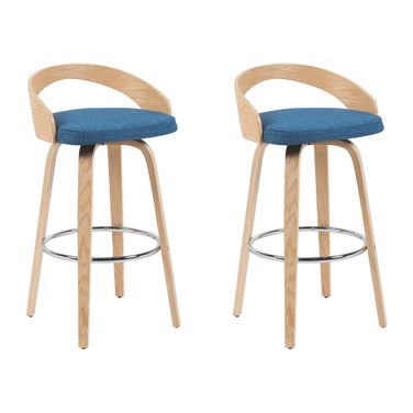 Sonia Swivel Bar Height Stool Set of 2 In Blue and Patterned Oak