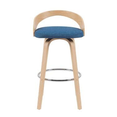 Sonia Swivel Bar Height Stool with Upholstered Seat and Wood Finish In Blue and Oak