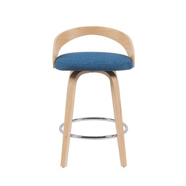 Sonia Swivel Counter Height Barstool with Upholstered Seat and Wood Finish In Blue and Oak
