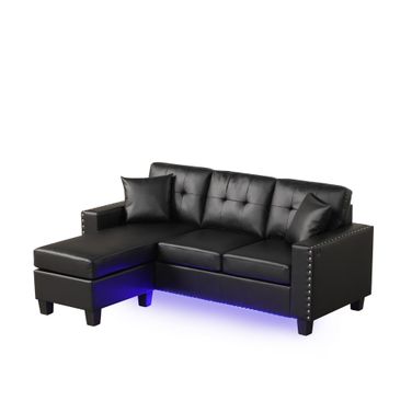 Sorenza 74 Inch PVC Reversible Sectional Sofa Chaise In Black