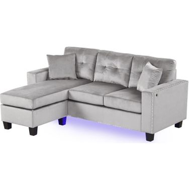 Sorenza 74 Inch Velvet Reversible Sectional Sofa Chaise In Gray