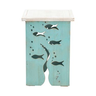 Square Fir Wood Turquoise Accent Table In Blue and White