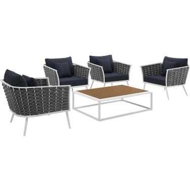 Stance White Navy 5 Piece Outdoor Patio Aluminum Sectional Sofa Set EEI-3321-WHI-NAV-SET
