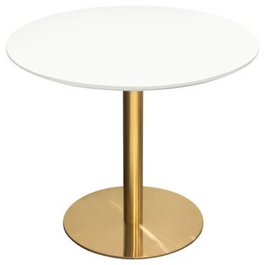 Stella 36 Inch Round Dining Table In White Lacquer Top and Brushed Gold Metal Base