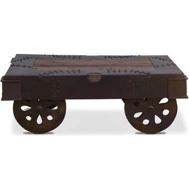 Sterling 48 Inch Wheeled Coffee Table with Neem Wood and Reclaimed Iron In Orange
