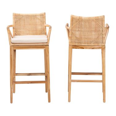 Storsel Teak Wood 2-Piece Barstool Set In Natural Rattan