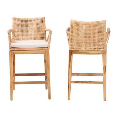 Storsel Teak Wood 2-Piece Counter Stool Set In Natural Rattan
