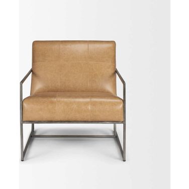 Stratton Gunmetal with Genuine Leather Upholstered Accent Chair In Brown