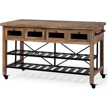 Stuart I Brown Solid Wood Top Two-Tier Black Metal Rolling Kitchen Island