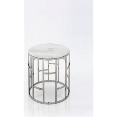Stylish Marble Round Geometric End or Side Table In Silver and White
