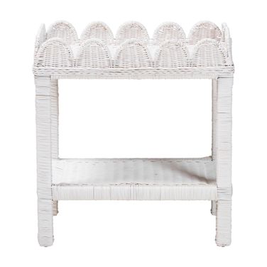 Sumana Natural Rattan Handwoven Wicker 2-Tier Side Table with Scalloped Tray Top In White