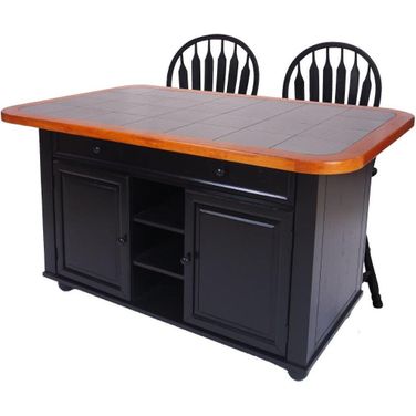 Sunset Trading 3 Piece Antique Black Kitchen Island Set with Gray Tile Top