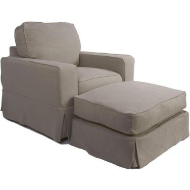 Sunset Trading Americana Box Cushion Slipcovered Chair and Ottoman in Light Gray