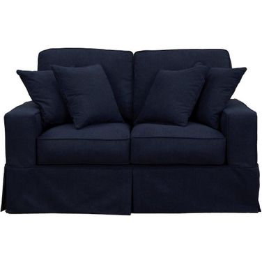 Sunset Trading Americana Box Cushion Slipcovered Loveseat Stain Resistant Performance Fabric Navy Blue