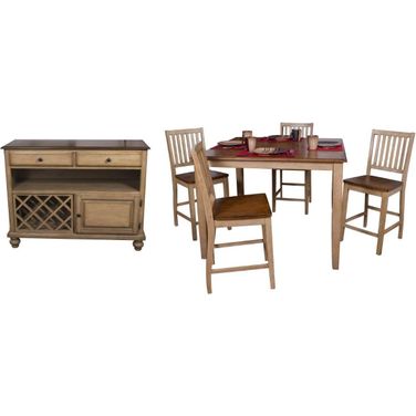 Sunset Trading Brook 6 Piece 48 Inch Square Pub Set with Slat Back Stools and Server