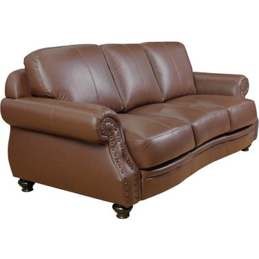 Sunset Trading Charleston 86 Inch Wide Top Grain Leather Sofa Chestnut Brown 3 Seater Rolled Arm Couch With Nailheads
