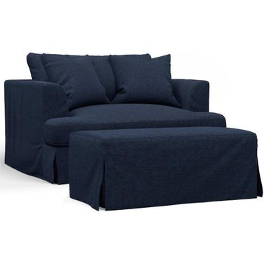 Sunset Trading Newport Slipcovered 52 Inch Wide Chair And A Half With Ottoman Stain Resistant Performance Fabric 2 Throw Pillows Navy Blue