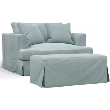 Sunset Trading Newport Slipcovered 52 Inch Wide Chair And A Half With Ottoman Stain Resistant Performance Fabric 2 Throw Pillows Ocean Blue
