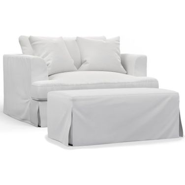 Sunset Trading Newport Slipcovered 52 Inch Wide Chair And A Half With Ottoman Stain Resistant Performance Fabric 2 Throw Pillows White