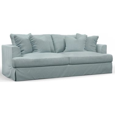Sunset Trading Newport Slipcovered Recessed Fin Arm 94 Inch Sofa Stain Resistant Performance Fabric 4 Throw Pillows Ocean Blue