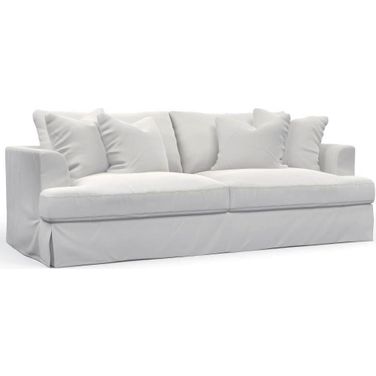 Sunset Trading Newport Slipcovered Recessed Fin Arm 94 Inch Sofa Stain Resistant Performance Fabric 4 Throw Pillows White