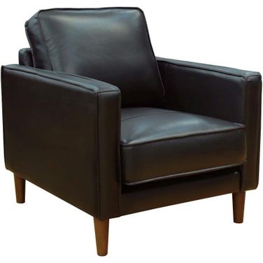 Sunset Trading Prelude 32 Inch Wide Black Top Grain Leather Armchair Mid Century Modern Accent Chair Small Space Living Room Furniture