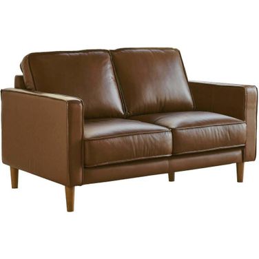 Sunset Trading Prelude 55 Inch Wide Top Grain Leather Loveseat Chestnut Brown Mid Century Modern Small Couch
