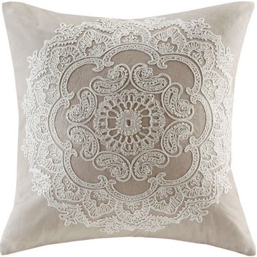 Suzanna Cotton Faux Linen Square Pillow With Embroidery In Taupe