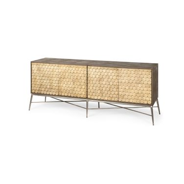 Swordfish Two Tone Wood with Silver Metal Base 4 Door Cabinet Sideboard In Brown