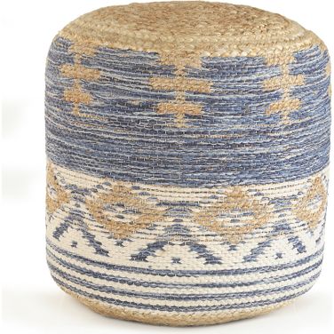 Synta Geometric Hand-Woven All-Natural Jute Ottoman Pouf In Blue and Tan
