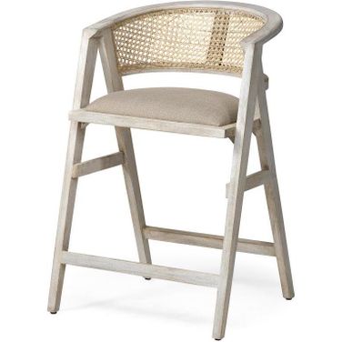 Tabitha 26.75 Inch Seat Height Beige Fabric And Rattan Seat Blonde Wood Frame Counter Stool