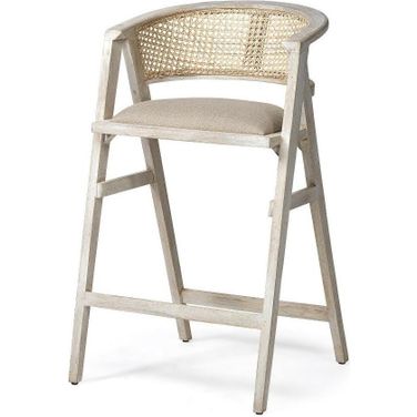 Tabitha 30.75 Inch Seat Height Beige Fabric And Rattan Seat Blonde Wood Frame Bar Stool
