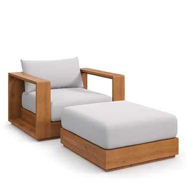 Tahoe Outdoor Patio Acacia Wood 2 Piece Armchair and Ottoman Set In Natural and Light Grey